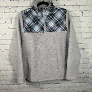 Vera Bradley Teddy Fleece Half-Zip Pullover Sweater in Gray Snowy Plaid
